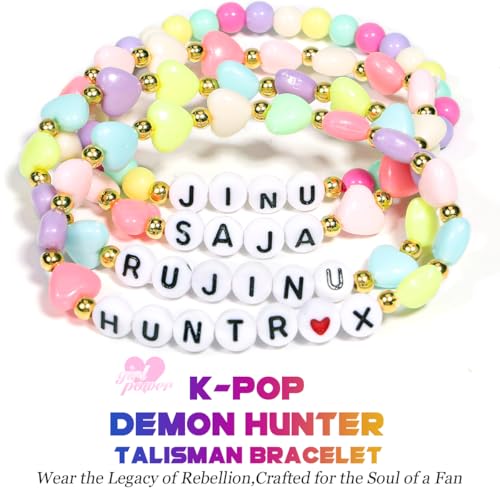 AICase for Kpop Demon Hunters Merch For Saja Jinu Rujiun Rumi Zoey Mira Inspired Bracelets 4 Pcs Stackable Stretch Friendship Beaded Bracelets for Huntrix k pop Merchandise Jewelry Gifts for Fans3