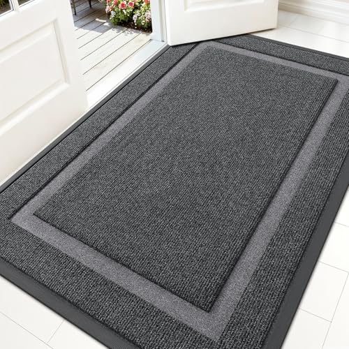 Image of OLANLY Front Door Mat Indoor Outdoor Entrance, Waterproof All-Season, All-Weather Doormat, Sturdy Natural Rubber, Fade Resistant, Low Profile, Easy Clean Patio Porch Entryway Mat, 59x34, Grey