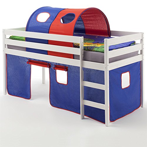 IDIMEX Lit surélevé lit Enfant Erik Rideaux Tunnel Bleu Rouge pin Massif lasuré Blanc