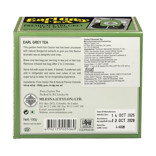 Image of Mlesna Earl Grey Black Tea 100g | 50 Foil-Wrapped Tea Bags | Pure Ceylon Black Tea & Bergamot Extract | Rich in Antioxidants | Imported from Sri Lanka