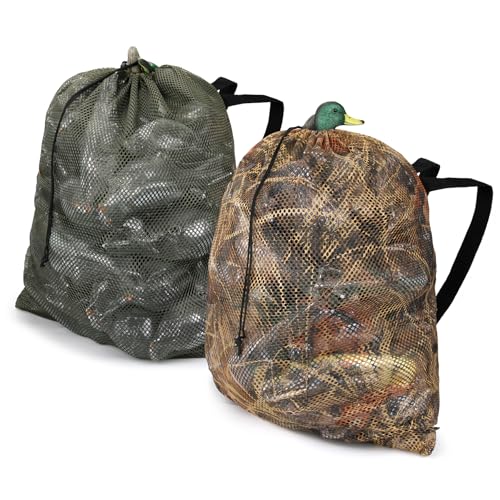 VicBre 2 Pack Mesh Decoy Bags with Shoulder Strap,Duck Decoys Backpack, Hunting Bag for Duck Goose Turkey Waterfowl Storage Green + Camo