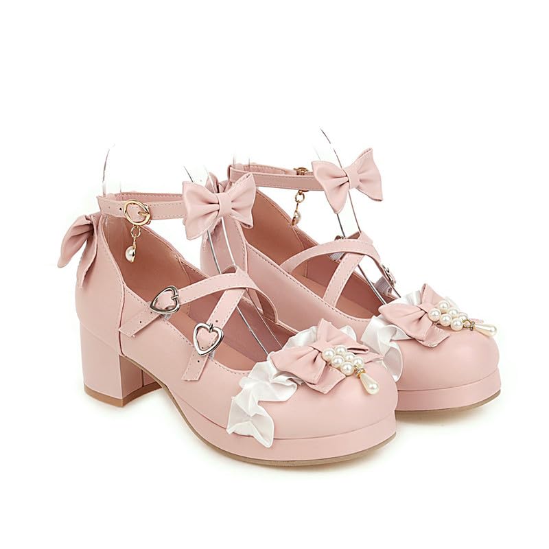 SEIFIN Women Lolita Cosplay Shoes Kawaii Mid Block Heel Mary Jane Cute Pearl Chunky Heels Platform Heels for Women Cross-Tied Round Toe Ankle Strap Sweet Shoes2