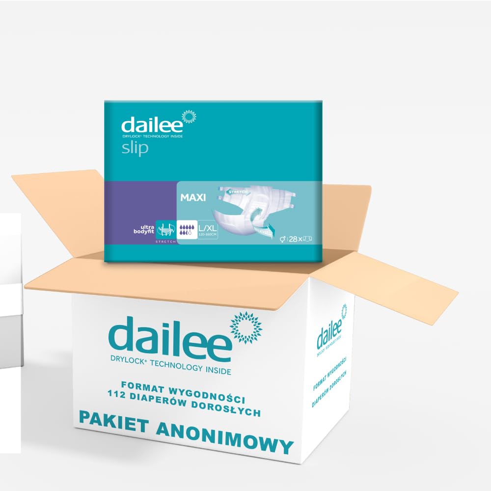 Dailee Slip Maxi L/XL - 112x Pieluszki Dla Starszych Majtek - 4 Paczki po 28 Sztuk, Absorbencja Maxi 7,5 Kropli - Slip Poślizg Absorbent Nietrzymanie Moczu Kobiety Mężczyźni