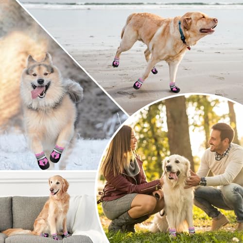 Muecleao Hundeschuhe Pfotenschutz, 4 Stück Wasserdicht Anti-Rutsch Hundestiefel mit Rutschfester Sohle und reflektierendem Klettverschluss, Hunde Schuhe für kleine, Mittlere und Große Hunde (Rosa, S)