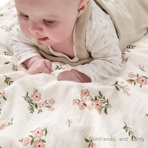 Image of BOPRIO Muslin Baby Blankets for Girls Super Soft Nursery Minky Blankets with Breathable Muslin Cotton Front and 3D Touch Dotted Fleece Backing, Pink Floral Printed Bed Throws Newborn 30 x 40 Inch