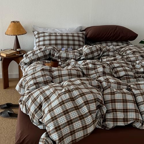 Image of Gingham Duvet Cover Full Size Brown Blue Buffalo Plaid Bedding Set 3 Pieces Vintage Grid Checkered Soft Lightweight Microfiber Comforter Cover Set with Zipper Closure and 2 Pillowcases