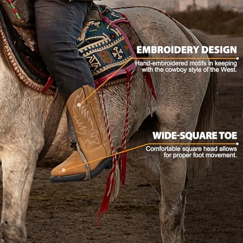 Cowboy Boots for Men with Steel Toe & Shank, Leather Anti Slip Square Toe Work Boots Western Men's Brown Boots for Manufacturing, Construction, Farming, Size 7-144