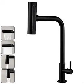 Torneira Gourmet Inox 4 Jatos Cozinha SOFTINOX – Giratória 360°, Instalação em Bancada/Parede, Diversas Cores, 1/4 de Volta, Funções (Cascata, Chuveirinho, Spray e Concentrado) (Bancada, Preto)