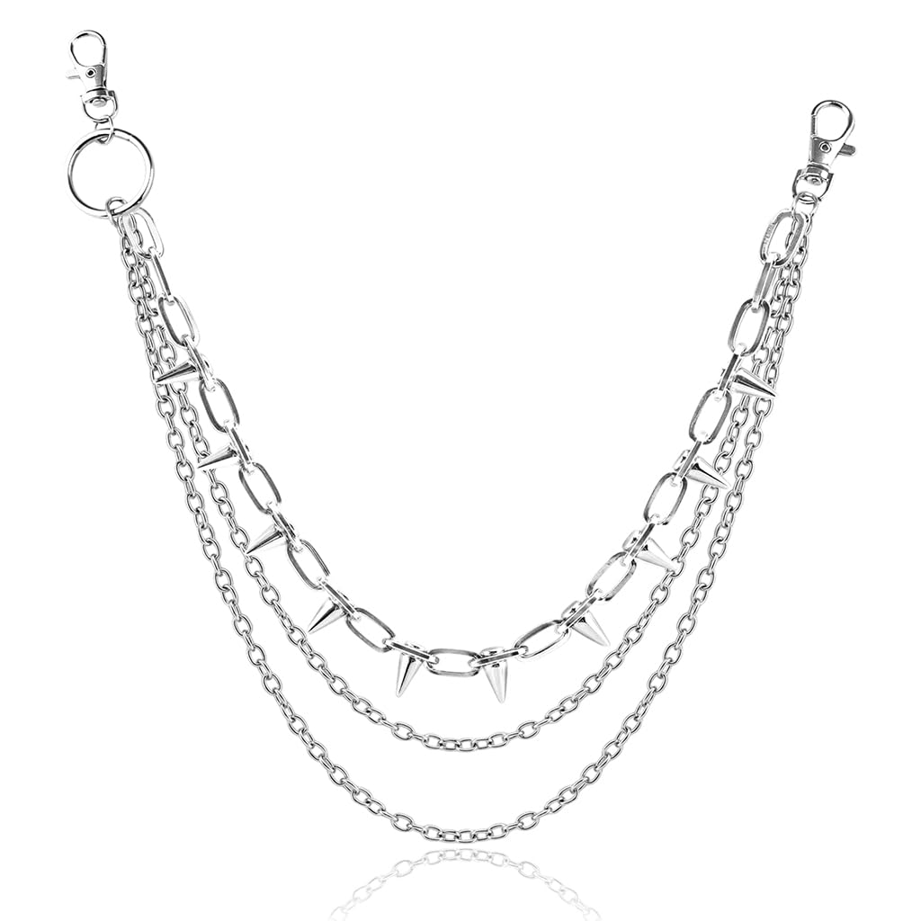 Layered Pants Chain for Men Rivet Punk Gothic Silver Spike Jean Belt Trousers Chains Harajuku Street Wallet Pocket Keychains Waist Pocket Cool Stylish Hip Hop Rock Biker Goth Body Accessorie