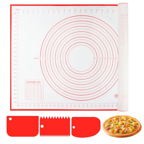 VFANDV Silikon Backmatte, 60x40 cm Backunterlage Silikon, Backpapier Arbeitsmatte mit Messung, Rutschfeste Backunterlage Antihafte Backmatte mit Teigschneider für Fondant Plätzchen, Pizza Teig, Rot