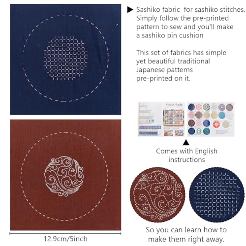 Image of FREEBLOSS 2 Set Sashiko Kit Embroidery Needlepoint with Japanese Pattern Sashiko Fabric Sashiko Thread and Needles Hand Embroidery Kit Sashiko Supplies for Hand Sewing Lover Embroidery Practice Kit