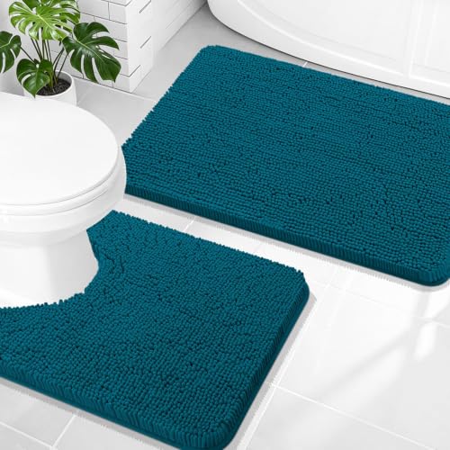 Image of OLANLY Bathroom Rugs Sets 2 Piece, Soft Absorbent Chenille Bath Mats and U-Shaped Contour Toilet Mat Area Rug Set, Machine Washable Bath Carpet, Home Decor Accessories(30 inchx20 inch+24 inchx20 inch, Peacock Blue)