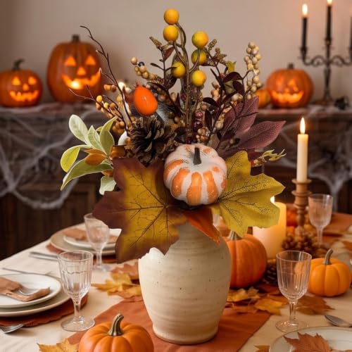 Artificial Flowers Indoor, Lightweight Weather Resistant Fade Resistant Plastic Fall Decor with Pumpkin Berries,Realistic Halloween Decoration Insert for Garden Patio Home Centerpieces (Orange-White) - image 4