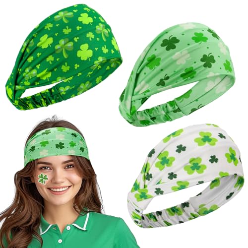 Biubee St. Patrick's Day Headband- Elastic Soft Green Shamrock Headband, No Slip Shamrock Leaves Hairbands for St. Patrick's Day Costume Cosplay Party Hair Accessories, 3Pcs