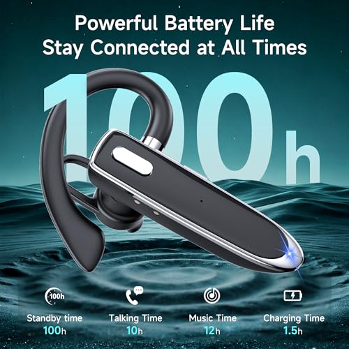Image of Wireless Single Ear Bluetooth V6.1 Headset, Business Earpiece with Mic | CVC8.0 Noise Cancelling,100H Playtime, LED Display, Dual Device Pairing, Mute Button for Office, Driving, Trucker