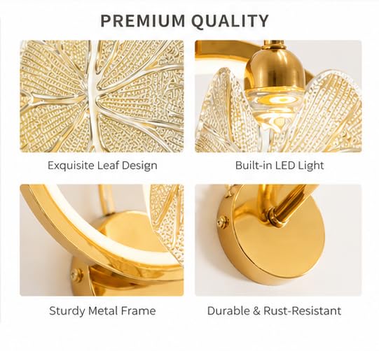 Image of Modern Gold LED Wall Light with Decorative Leaf Design, 3in1 Colour Change Wall Sconce, Metal & Glass Wall Lamp Ideal for Bedroom, Living Room, Hallway, Dining Room, Home Decor