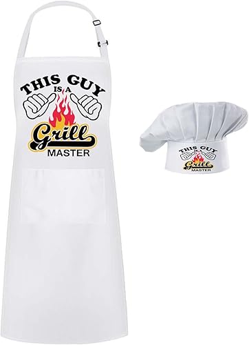 Hyzrz Chef Apron Hat Set,Adjustable Chef Hat and Apron Baker Costume with Pocket for Kitchen Grill BBQ Fathers Mothers Gift