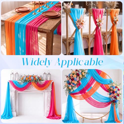 Image of Summer Wedding Arch Draping Fabric 3 Panels, Hot Pink Orange Blue | 2.46 x 20ft, Pink and Orange Sheer Chiffon Fabric Backdrop, for Tropical Colorful Sunset Party Bridal Shower Decoration