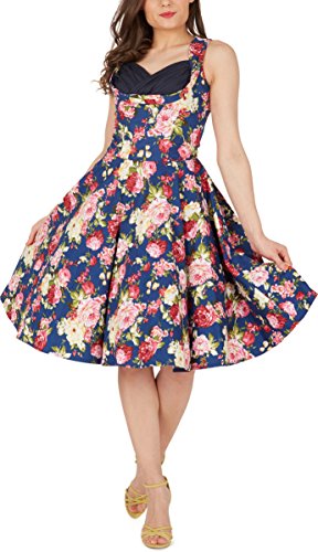 BlackButterfly 'Aura' Vestido Años 50 Classic Divinity (Azul Oscuro - Flores Rosas, ES 40 - M)