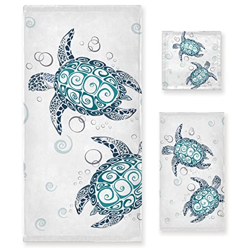 ZOCHOTEN Aqua Blue Sea Turtle 3-Piece Set: Bath Towel, Hand Towel, Washcloth - Soft, Quick Dry, Multifunctional for Home, Gym, Travel