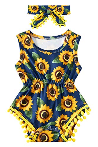 UNICOMIDEA Newborn Girl Outfits 3D Sumflower Onesie Baby Girl Playsuit Soft Newborn Summer Girl Rompers with Headband 3-6 Months Pom Pom Bodysuit Party Outfit Jumpsuit