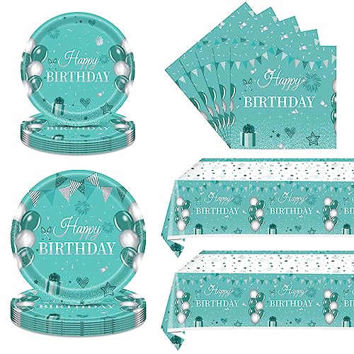 62PCS Teal and Silver Birthday Party Decorations, Teal Silver Tableware Set -Teal Paper Plates Napkins Tablecloth, Happy Birthday Party Decorations Dinnerware for Girls Women Birthday Supplies
