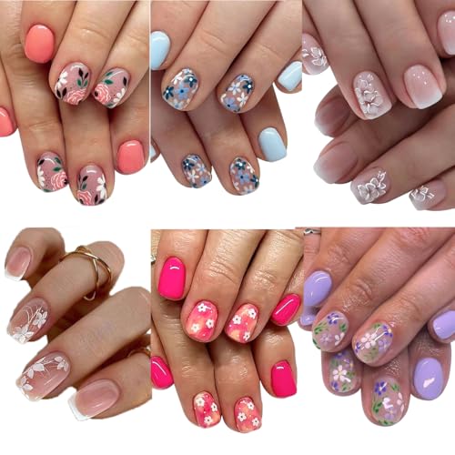 144 Pcs Flower Press on Nails Short Square Fake Nails Spring Fals...