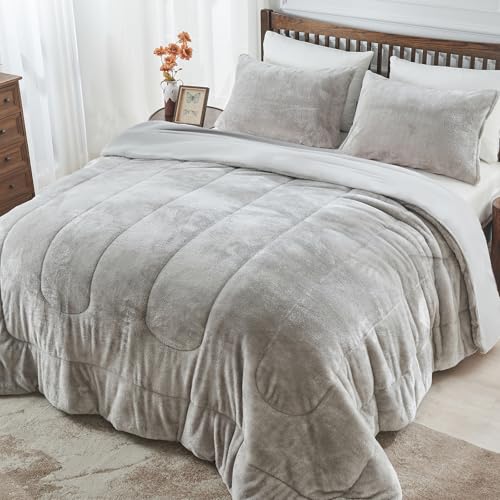 HCORA Faux Fur Queen Comforter Set - Super Soft & Warm Plush Shaggy Bed Comforter, Cozy Fuzzy Bedding Comforter Sets for Fall and Winter, Non-Shedding, 3 Pcs(1 Comforter + 2 Pillowcases)
