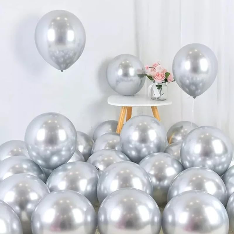 Image of Chrome Metallic Balloons Silver 100 pcs Glossy Latex Balloon for Birthday Decoration Kit Wedding, Anniversary Floral Garland 10 Inch Helium Supported
