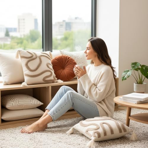 Image of RRC Boho Throw Pillows 16x16 Inch Set of 2 - Soft Mid Century Modern Decorative Pillow Covers, Aesthetic Cushion Cases for Couch, Sofa, Bed & Bedroom Decor (Multicolor, 16X16(Inches))