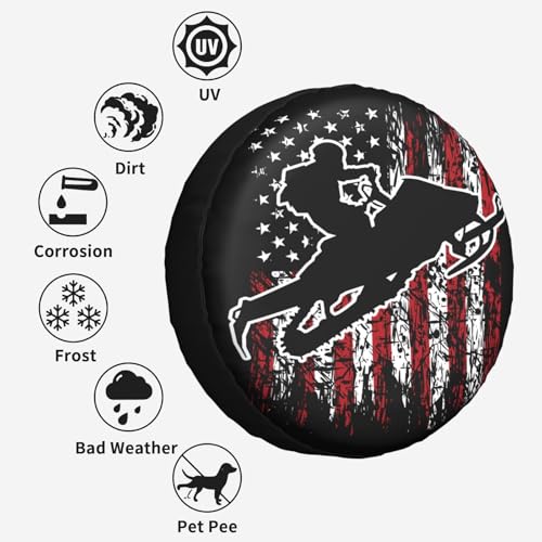 Image of Vintage American Flag Snowmobiling Snowmobile Rider Spare Tire Cover Wheel Protectors Dust-Proof Sun Protection Wheel Tire Covers Universal Fit for Truck SUV RV Camper Trailer 16 inch