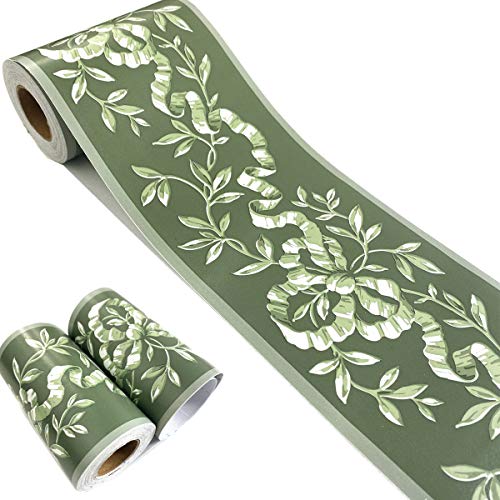Mesoar Frise de papier peint autocollant en rotin à motif floral vert - Bordure décorative pour plafond, cuisine, salle de bain, chambre à coucher - 10 cm x...