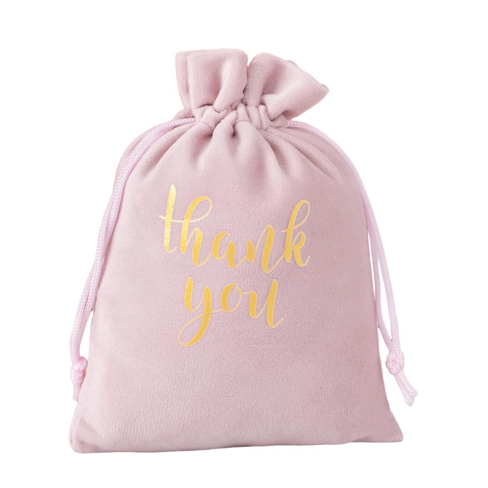 GreatRise 50 szt. aksamitnych woreczków 13 × 18 cm ze sznurkiem, z nadrukiem "Thank You", aksamitne woreczki prezentowe na Boże Narodzenie, dożynki, prezent, słodycze, biżuteria, różowe