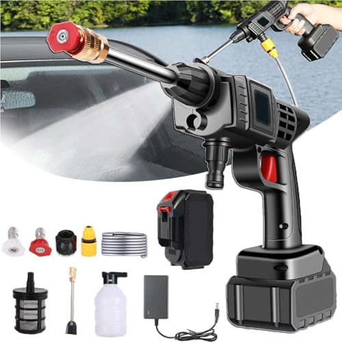 Lavadora a Presión Inalámbrica, 90 Bar Limpiador de Alta Presión Portátil de Mano inalámbrico con Manguera de 5m, Regulación Inteligente de la Tensión, Larga Duración para Coches, Patios, Ventanas