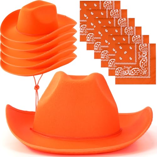 Coume 12 Pcs Cowboy Hats with Bandanas Bulk Adjustable Felt Western Cowgirl Hats for Women and Men Western Party Favors(Orange)