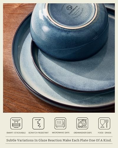 Image of Famiware Milkyway Stoneware Dinnerware Set, 16-Piece, Including Pasta Bowl, Double Reactive Glaze, Plates and Bowls, Service for 4, Microwave and Dishwasher Safe, Scratch-Resistant, Dusty Blue