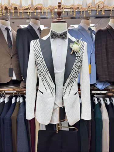 Men's Suits Slim Fit White Jacquard Jacket Suit Luxury Tuxedo with Bead Rhinestone for Wedding Groomsman Set2