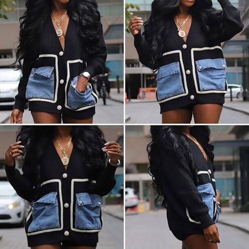 Image of FindThy Women's Casual Button Up Cardigan Oversized Long Sleeve Jean Patchwork Sweater Cardigans