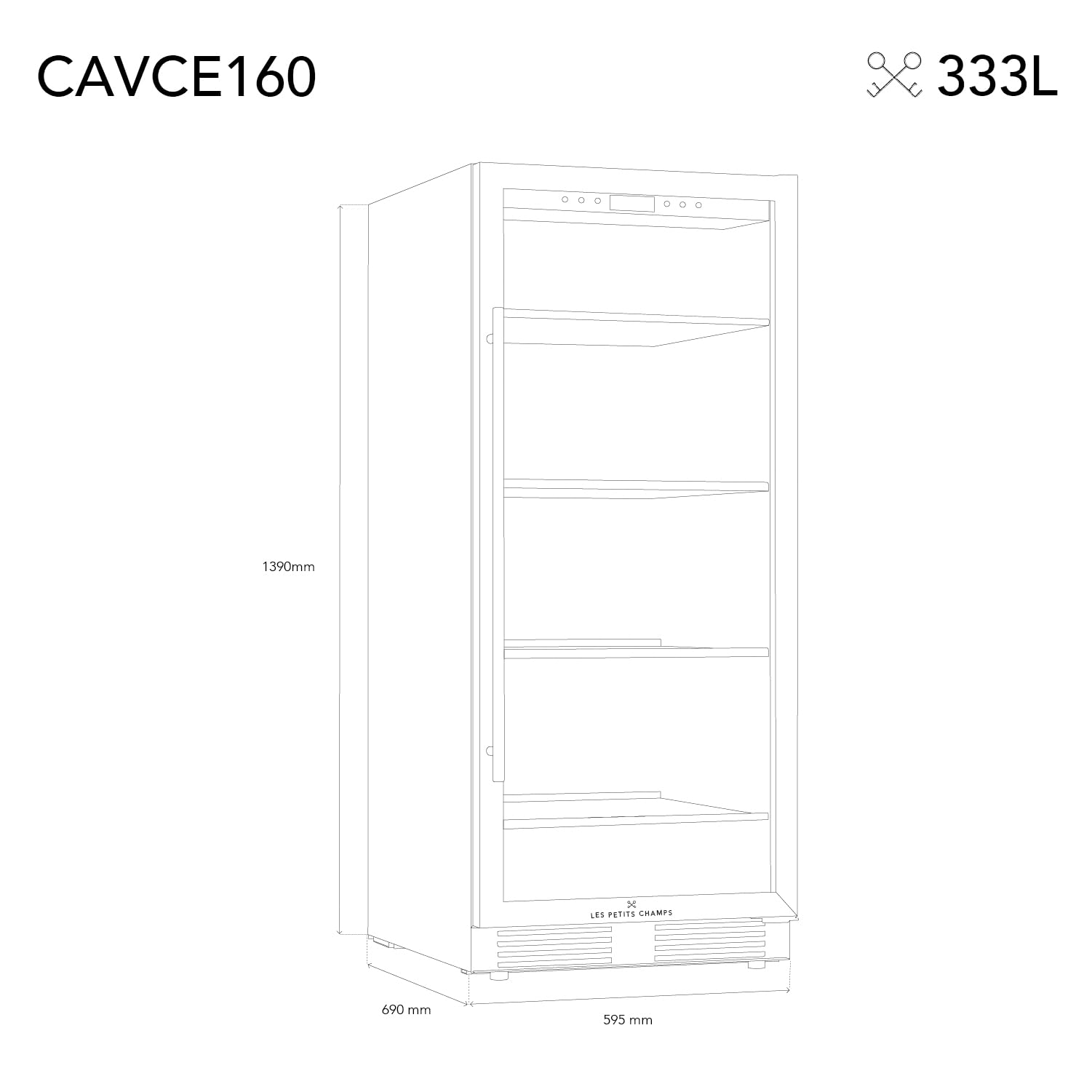 LES PETITS CHAMPS Cave à Vin de Conservation, Pose libre 160 Bouteilles CAVCE160, Capacité 333L, Design Élégant en Acier Inoxydable, Réglable de 5°C à 22°C, Anti-UV, LED