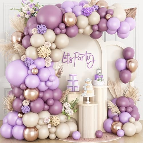Image of Dusty Purple Balloon Arch Kit,Boho Balloon Garland with Purple Metallic Champagne Gold White Sand Balloons for Girl Baby Shower Engagement Bridal Birthday Wedding Party Decoration