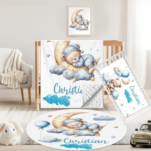 Sunamd Custom Baby Crib Bedding Set, 3 Pcs Personalized Name Baby Crib Sets for Boys & Girls, Blue Moon Bear Theme Nursery Bedding Set, Soft Toddler Bedding Crib Sets Customized Gifts for Infants