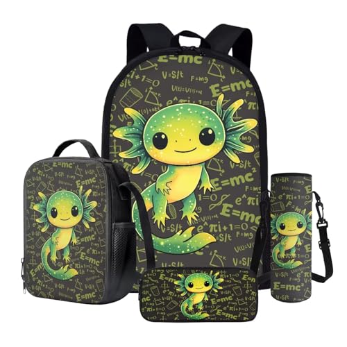 Axolotl School Backpack Set Girls 4 Piece Set Backpack for Boys Insulated Lunch Bag for Kids Pencil Case Boys Elementary Water Bottle Sling Carrier Escolares Para Niños