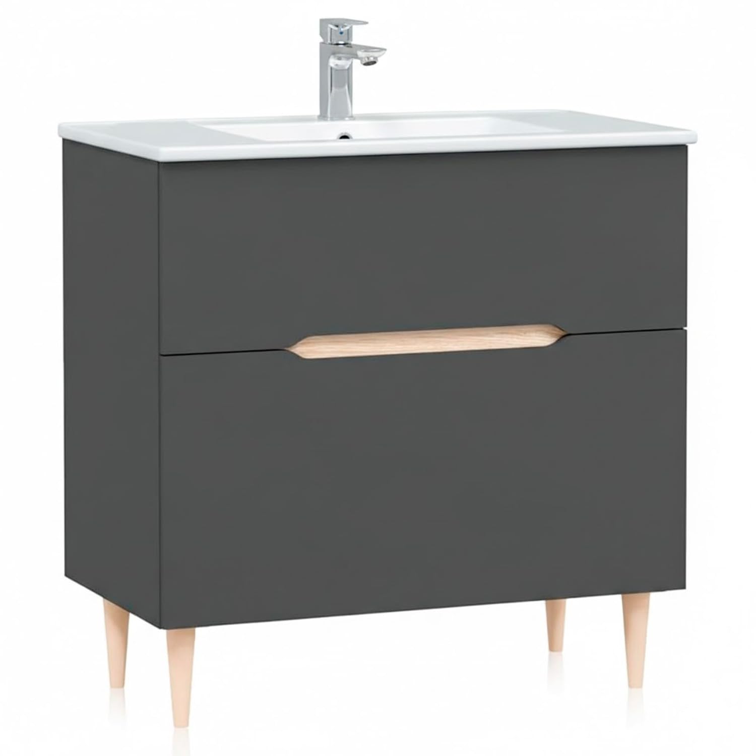Arreditaly Mobile Bagno A Terra Con Lavabo In Ceramica E Specchio Inclusi 1 Cassetto Soft Close E 1 Anta A Vasistas Design Moderno Salvaspazio 80 x 45 x 80 Cm Colore Grigio Antracite E Rovere