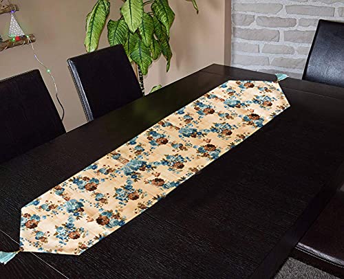 Image of Kuber Industries Flower Design Machine Washable Cotton Table Runner for Dining Table, 16 inchx68 inchinch (Blue)