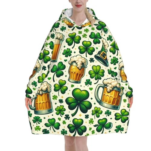 Oversized Flannel Wearable Blanket Hoodie For Adult Beer-Shamrock-St-Patricks Soft Fuzzy Hooded Lounging Pullover
