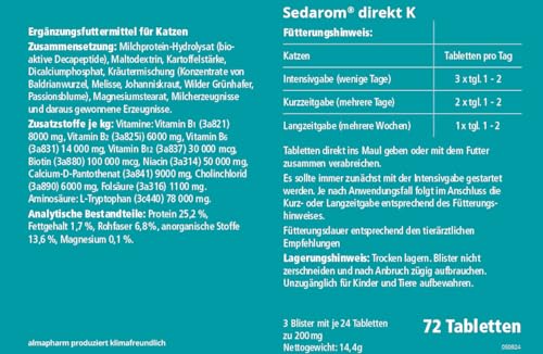 almapharm Sedarom direkt K | 72 Tabletten | Ergänzungsfuttermittel für Katzen | Zur Unterstützung des Nervenstoffwechsels zur Stressabschirmung