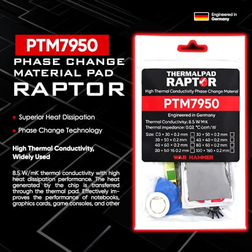 Image of WAR HAMMER Raptor PTM7950 Phase Change GPU Thermal Pad, Ultra High Performance Silicone Grease 8.5W /mK CPU Thermal Paste for PS5 CPU GPU SSD M.2 Laptop, German Engineered (40 x 80 x 0.2mm)