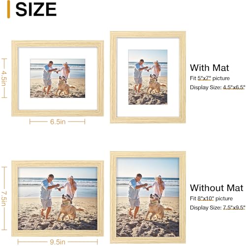 decorUhome 8x10 Picture Frame, Display Photos 5x7 with Mat or 8x10 Unmatted, Engineered Wood Frame with Plexiglass for Wall and Tabletop Display, Natural, Set of 1