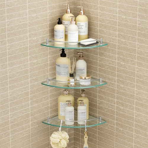 KES Estante de esquina de vidrio con ganchos, acero inoxidable 18/8, estante de esquina de baño de vidrio templado con riel, estante de vidrio de ducha, paquete de 3 unidades montado en la pared