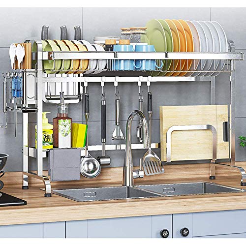 Over Sink Geschirrtrockner, Edelstahl Geschirrkorb Abflussregal mit Utensilienhalter Küchentheke Organizer Silber 81 cm (32 Zoll)